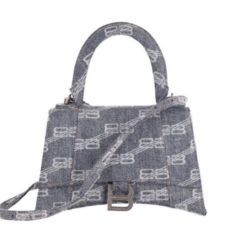 BALENCIAGA Hourglass BB Monogram Bleached Denim Small Bag Purse Top Handle - Picture 2 of 9